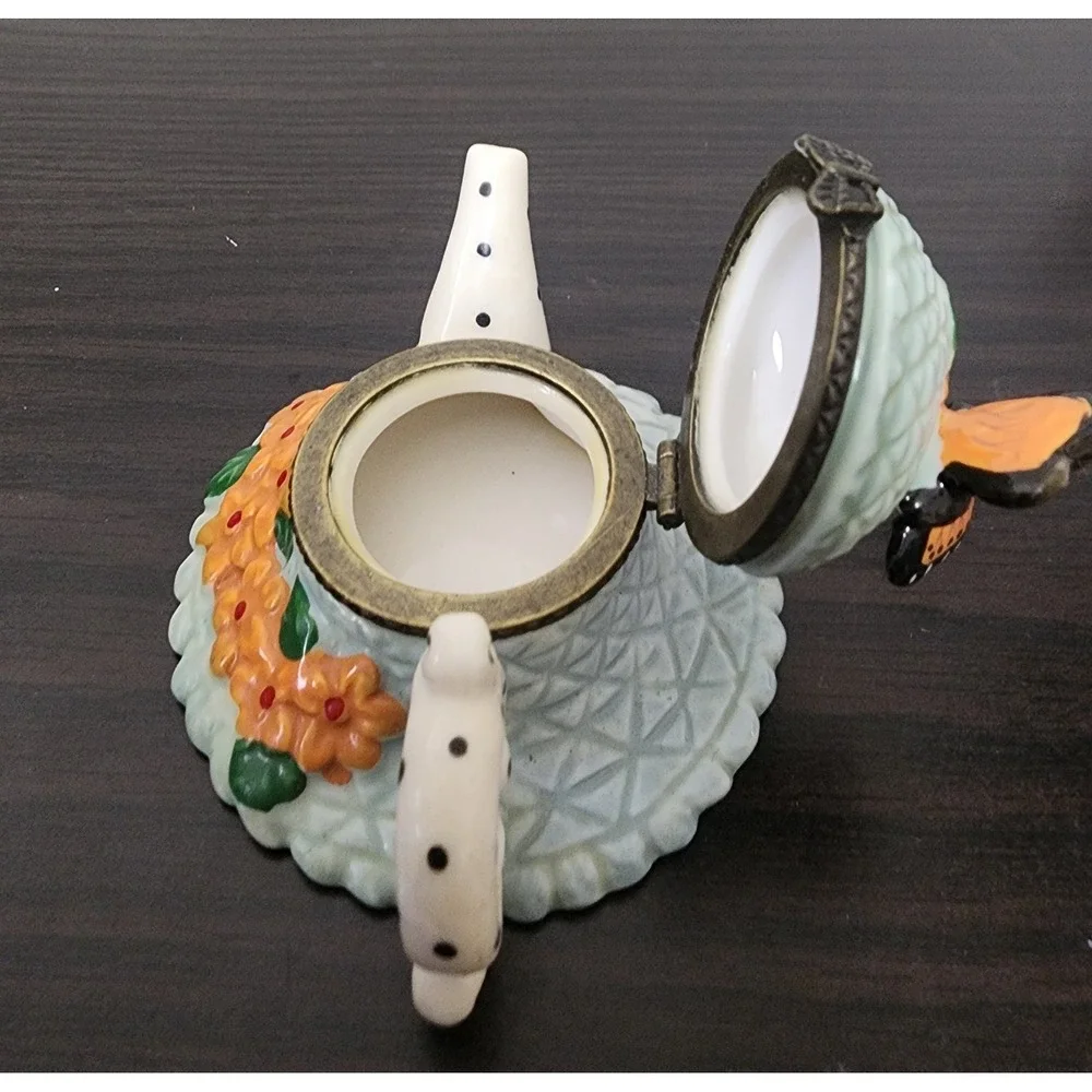 Teapot Butterfly Trinket Box Blue Porcelain Hinged Ring Pill treasure